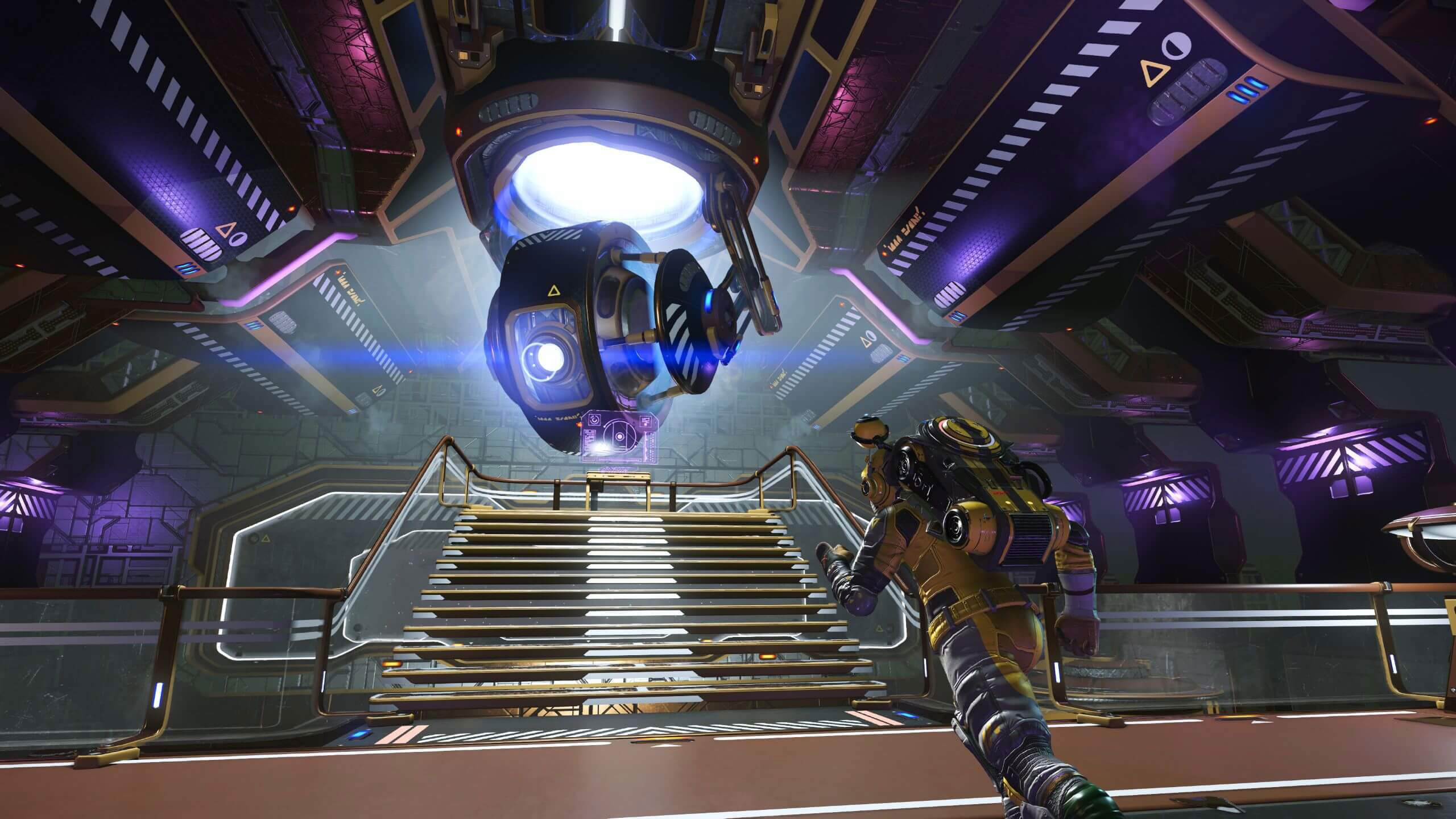 No Man’s Sky space station interior with a traveller approaching the station core to reach merchants and upgrades